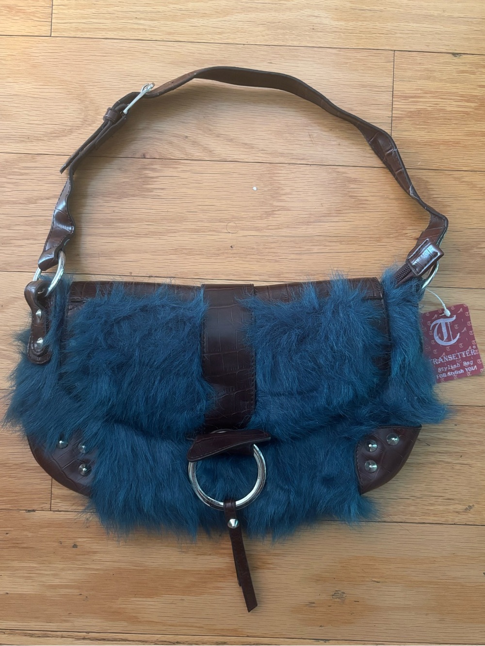blue faux fur shoulder bag